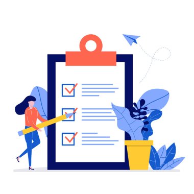 Elinde kalem tutan genç bir iş kadını. Pano ve iş görevinde kontrol listesini tamamlamış. Hedef başarıları planlama programı kavramı. İniş sayfası için düz çizgi film karakter tasarımı.