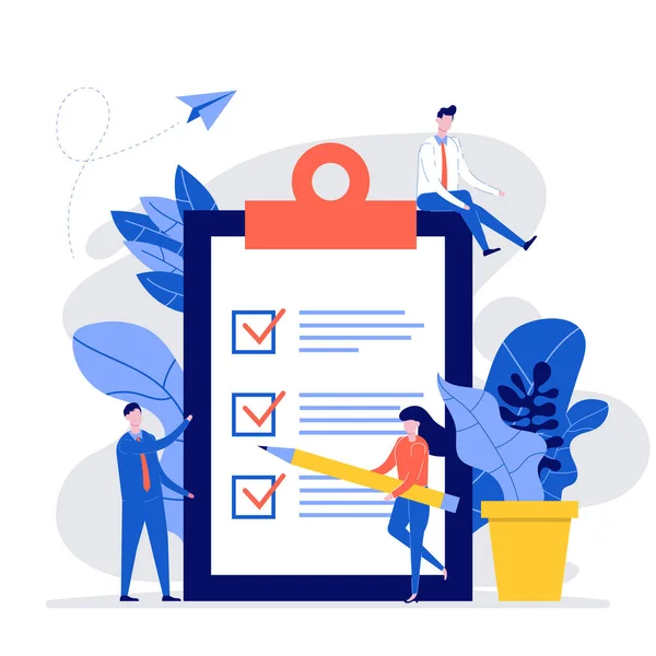 Grupp Affärsmän Som Gör Moderna Checklista Med Penna Och Urklipp — Stock vektor