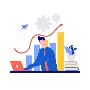 Erkek ofis çalışanları, evrim ölçeğinin analizi olan bilgi grafikleri üzerinde çalışıyorlar. İş grafikleri, uzaklık öğrenimi ve eğitiminin vektör illüstrasyonu.