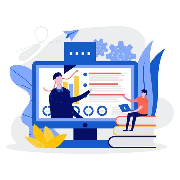 Çevrimiçi eğitim ve öğretim, internet semineri, internet dersleri, dijital sınıf, atölye çalışması veya profesyonel öğretmenlik hizmeti konsepti. Modern düz biçim çizimi.