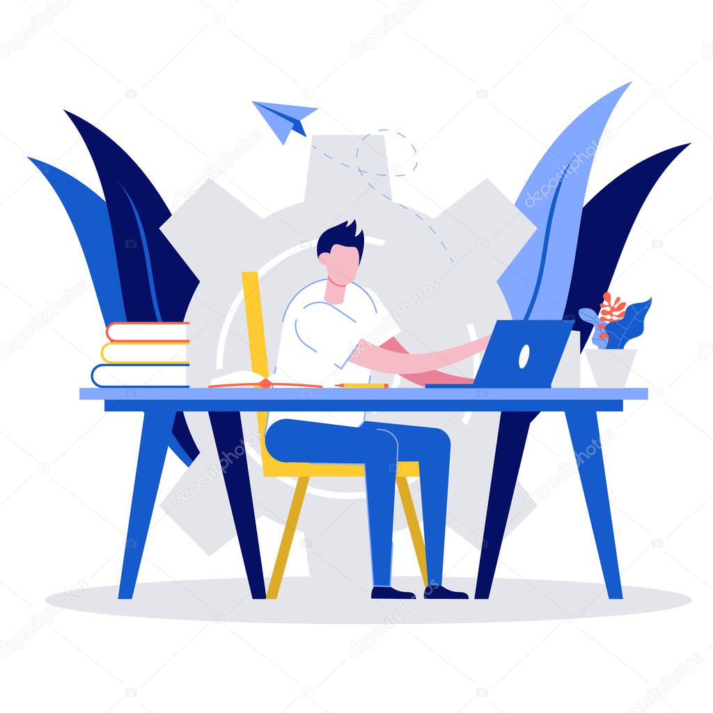 E-learning concept illustration. Male student learning online at home. Student sitting at desk and looking at laptop. Web courses, tutorials and distance education. Modern flat style.