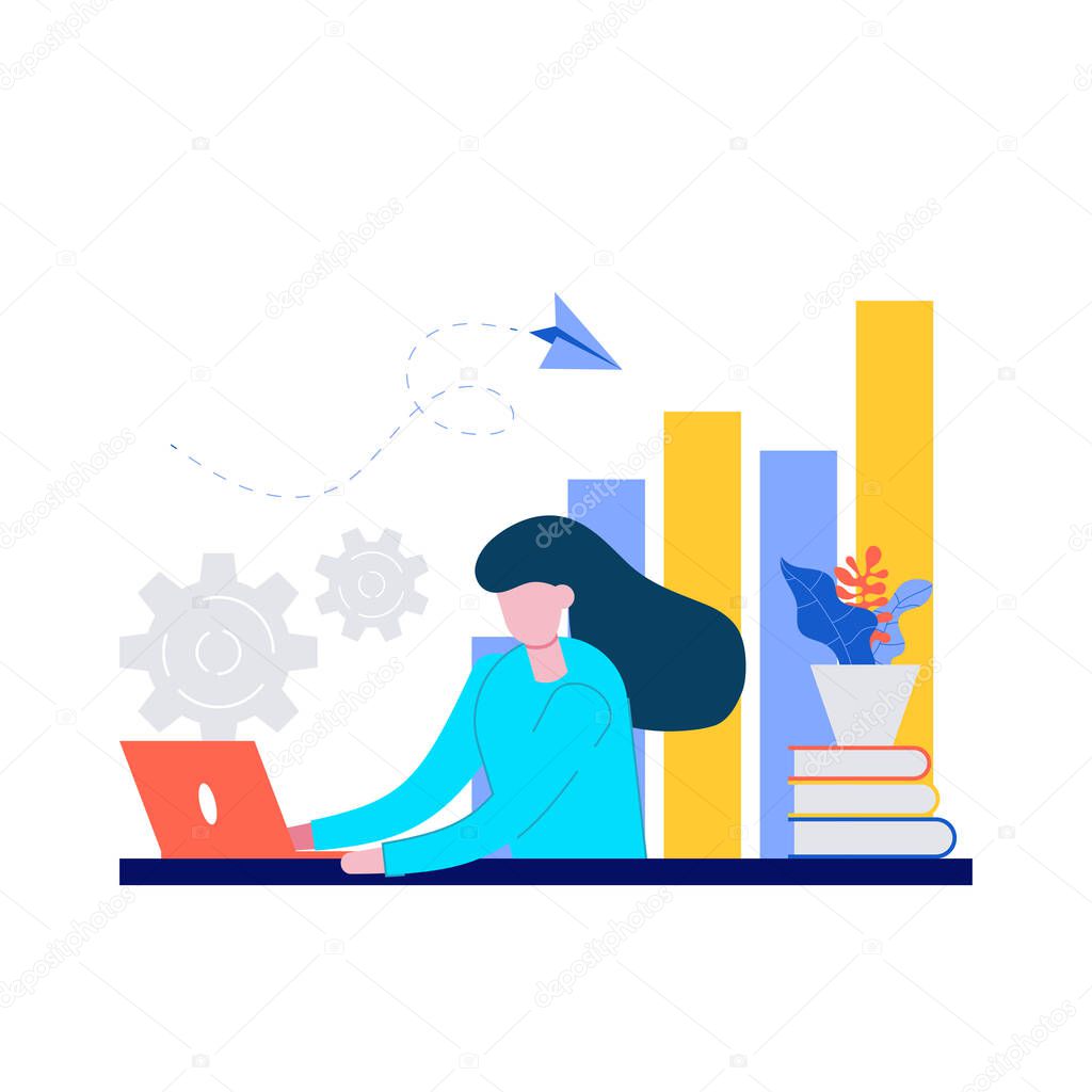 Female Office workers are studying the infographics, the analysis of the evolutionary scale. Vector illustration of business graphics, distance learning and education.