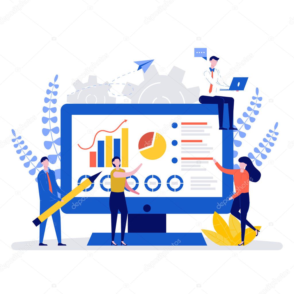Office workers are studying the infographics, the analysis of the evolutionary scale. Vector illustration of business graphics, distance learning and education.
