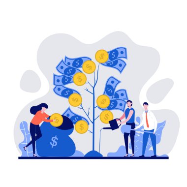 Bir para ağacını büyüten, eken ve sulayan iş adamları. Birlikte çalışıyorlar ve karlı işler yapıyorlar. İş, finans, yatırım, büyüme, refah konsepti için vektör illüstrasyonu.