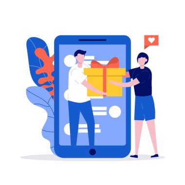 Online ödül konsepti. Genç bir kadın ikramiye alıyor ve hediye kutuları alıyor. Sadakat programı, promosyon, pazarlama için vektör illüstrasyonu. İniş sayfası için modern düz stil tasarımı.