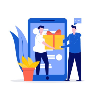 Online ödül konsepti. Genç adam ikramiye alıyor ve hediye kutuları alıyor. Sadakat programı, promosyon, pazarlama için vektör illüstrasyonu. İniş sayfası için modern düz stil tasarımı.