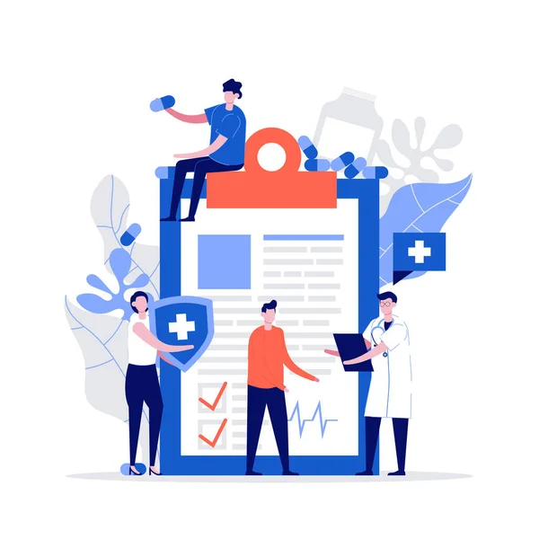 Sağlık sigortası reklamı yapan doktorları. Sigorta komisyoncusu hayat sigortası öneriyor. Sağlık hizmetleri, sağlık hizmetleri, koruma ve güvenlik kavramı için modern daire çizimi.