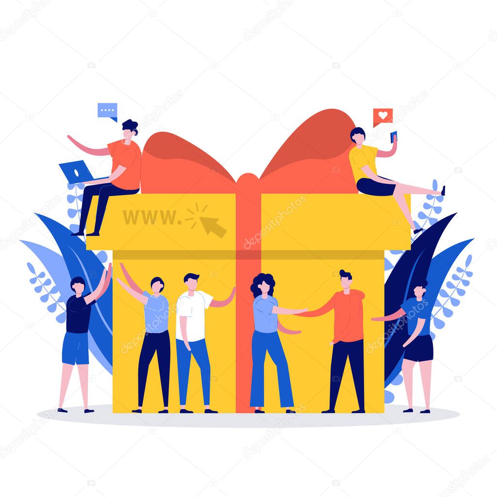 Online reward concept. Young group of happy people getting bonuses and receiving gift boxes. Vector illustration for loyalty program, promotion, marketing. Modern flat style design for landing page.