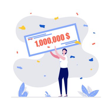 Mutlu kazananlar milyon dolarlık banka çekini tutuyor. Resmi takım elbiseli genç bir kadın büyük ikramiye kazanıyor. Piyango kazancı, kazanan duyuru, para ödülü ya da bağış konsepti. Düz biçimli modern vektör illüstrasyonu.