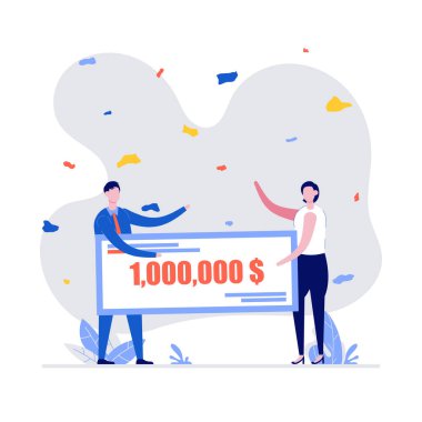 Mutlu kazananlar milyon dolarlık banka çekini tutuyor. Takım elbiseli genç çift büyük ikramiyeyi kazandı. Piyango kazancı, kazanan duyuru, para ödülü ya da bağış konsepti. Düz biçimli modern vektör illüstrasyonu.