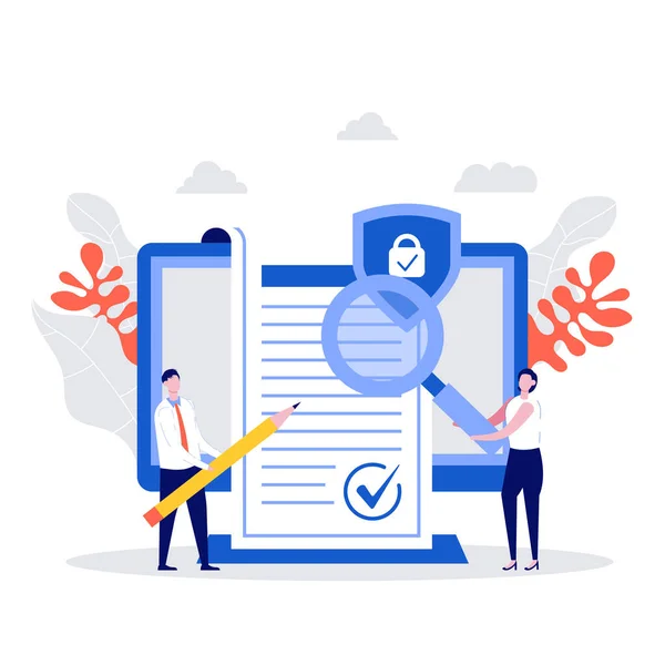 ビジネスマンは契約の概念に署名した 契約チェック 企業文書 データ保護 利用規約 プライバシーポリシーの文字 フラットスタイルの現代的なベクトルイラスト — ストックベクタ