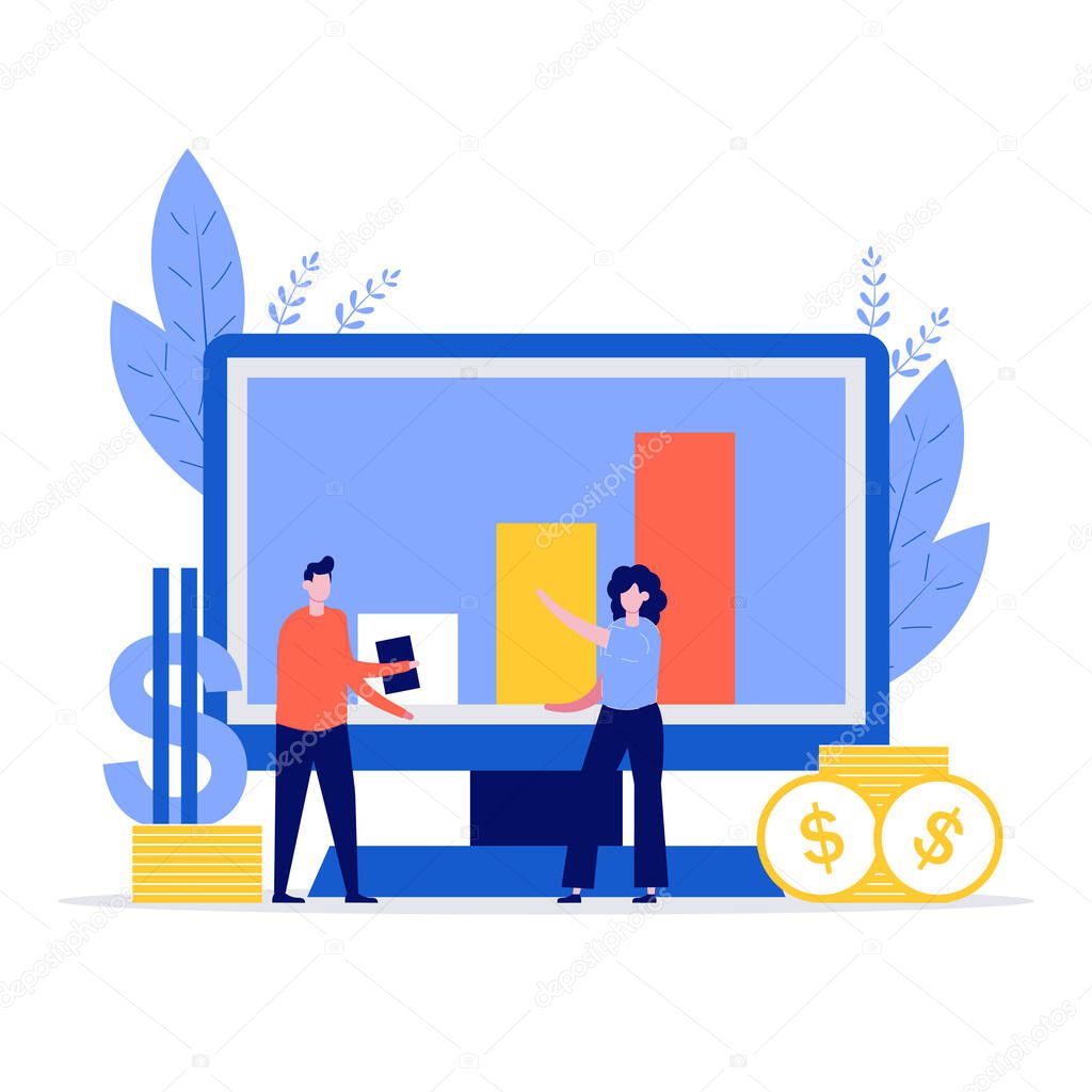 Financial management concept with people characters, laptop, money and calculator. Modern vector illustration in flat style for landing page, mobile app, web banner, infographics, hero images.