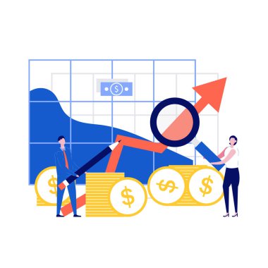 Karakterli mali yönetim kavramı. İniş sayfası, mobil uygulama, poster, el ilanı, şablon, web pankartı, bilgi grafikleri, kahraman resimleri için modern vektör çizimi.