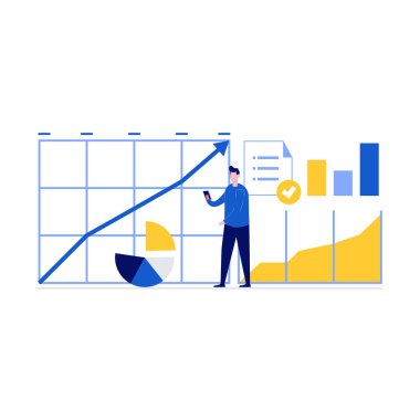 Karakterli finansal araştırma vektörü illüstrasyonu. İniş sayfası için modern düz stil, mobil uygulama, poster, el ilanı, şablon, web afişi, bilgi grafikleri, kahraman resimleri.