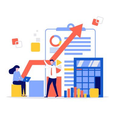 Karakterli finansal analiz vektör illüstrasyonu. İniş sayfası için modern düz stil, mobil uygulama, poster, el ilanı, şablon, web afişi, bilgi grafikleri, kahraman resimleri.