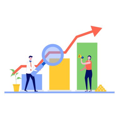 Karakterli finansal çözüm vektör çizimi kavramı. İniş sayfası için modern düz stil, mobil uygulama, poster, el ilanı, şablon, web afişi, bilgi grafikleri, kahraman resimleri.