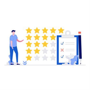 Karakterli geribildirim ya da derecelendirme vektör çizimi. Müşteri değerlendirmesi. İniş sayfası, mobil uygulama, poster, web pankartı, bilgi grafikleri, kahraman resimleri için modern vektör illüstrasyonu.