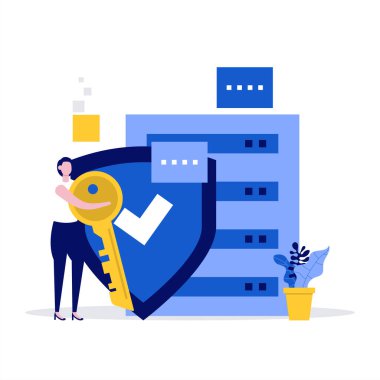 Karakterli siber güvenlik vektör illüstrasyonu. Veri güvenliği, korumalı erişim kontrolü, gizlilik veri koruması. İniş sayfası için modern düz stil, web pankartı, bilgi grafikleri, kahraman resimleri.