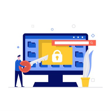 Karakterli siber güvenlik vektör illüstrasyonu. Veri güvenliği, korumalı erişim kontrolü, gizlilik veri koruması. İniş sayfası için modern düz stil, web pankartı, bilgi grafikleri, kahraman resimleri.