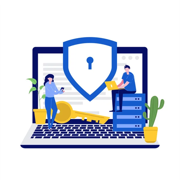 Cybersecurity Vector Illustratie Concept Met Karakters Gegevensbeveiliging Beschermde Toegangscontrole Gegevensbescherming — Stockvector