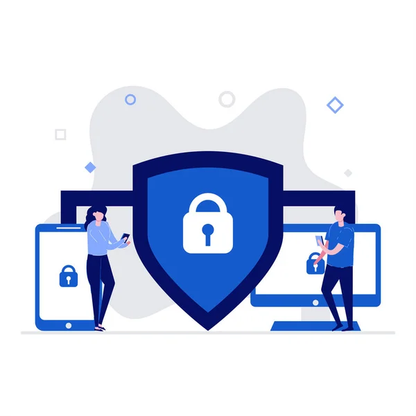 Koncepcja Ilustracji Wektora Cyberbezpieczeństwa Postaciami Bezpieczeństwo Danych Ochrona Dostępu Ochrona — Wektor stockowy