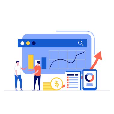 Karakterli iş analizi vektör çizimi kavramı. İniş sayfası, mobil uygulama, poster, el ilanı, şablon, web pankartı, bilgi grafikleri, kahraman resimleri için modern vektör çizimi.