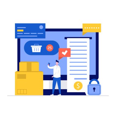 Karakterli çevrimiçi vektör illüstrasyonu sipariş et. İniş sayfası, mobil uygulama, poster, el ilanı, şablon, web pankartı, bilgi grafikleri, kahraman resimleri için modern vektör çizimi.