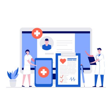 Çevrimiçi teşhis vektör çizimi konsepti. İniş sayfası, mobil uygulama, poster, el ilanı, şablon, web pankartı, bilgi grafikleri, kahraman resimleri için modern vektör çizimi.