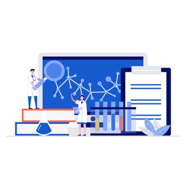 Karakterli tıbbi laboratuvar vektör çizimi kavramı. İniş sayfası için modern düz stil, mobil uygulama, poster, el ilanı, şablon, web afişi, bilgi grafikleri, kahraman resimleri.