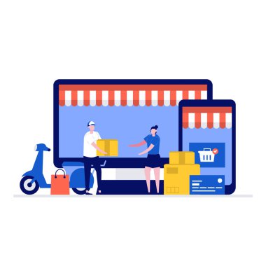 Karakterli teslimat ve alışveriş vektörü illüstrasyonu. İniş sayfası için modern düz stil, mobil uygulama, poster, el ilanı, şablon, web afişi, bilgi grafikleri, kahraman resimleri.