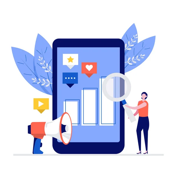 Karakterli dijital pazarlama kavramı. İniş sayfası, mobil uygulama, poster, el ilanı, şablon, web pankartı, bilgi grafikleri, kahraman resimleri için modern vektör çizimi.