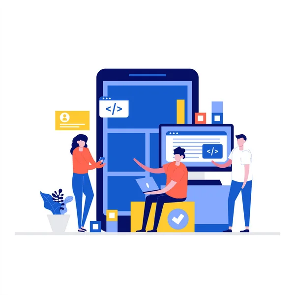 Gençler web sitesi tasarımı, web sitesi geliştirme ile ilgileniyorlar. İniş sayfası için modern düz stil, mobil uygulama, poster, el ilanı, şablon, web afişi, bilgi grafikleri, kahraman resimleri.