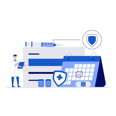 Karakterli aşı vektör çizimi konsepti. İniş sayfası için modern düz stil, mobil uygulama, poster, el ilanı, şablon, web afişi, bilgi grafikleri, kahraman resimleri.