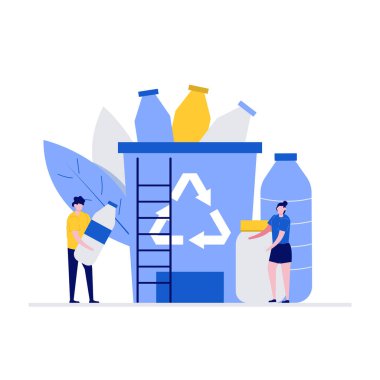 Karakterlerle plastik kirliliği sorunlu vektör çizimi kavramı. Bir grup insan çöp kutusuna plastik çöp topluyor. Web pankartı, bilgi grafikleri, kahraman resimleri için modern düz biçim.