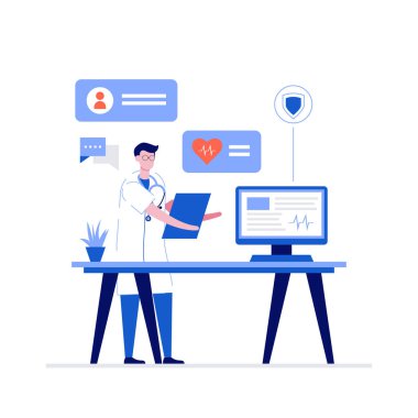 Karakterli iş vektörü illüstrasyon konseptinde online doktor. İniş sayfası için modern düz stil, mobil uygulama, poster, el ilanı, şablon, web afişi, bilgi grafikleri, kahraman resimleri.