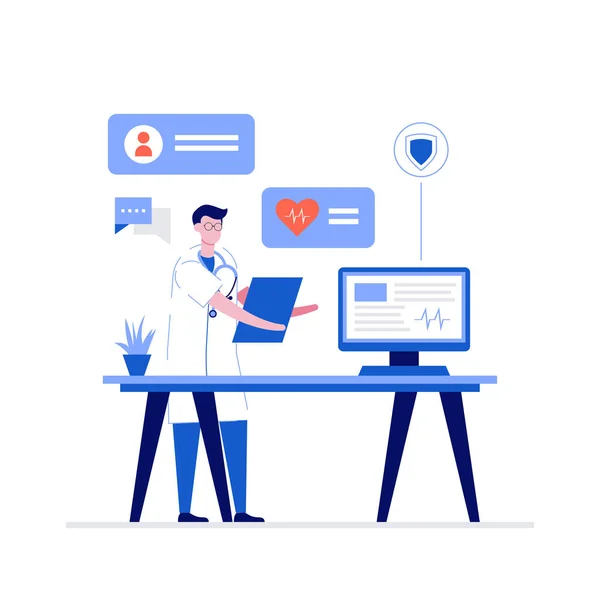 Karakterli iş vektörü illüstrasyon konseptinde online doktor. İniş sayfası için modern düz stil, mobil uygulama, poster, el ilanı, şablon, web afişi, bilgi grafikleri, kahraman resimleri.