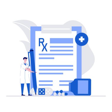 Karakterli eczane ve sağlık hizmeti vektör çizimi konsepti. Doktor reçeteli ilaç formunu dolduruyor. İniş sayfası için modern düz stil, web pankartı, bilgi grafikleri, kahraman resimleri.