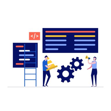 Yapı vektör illüstrasyon konsepti altında bir web sitesi. İniş sayfası için modern düz stil, mobil uygulama, poster, el ilanı, şablon, web afişi, bilgi grafikleri, kahraman resimleri.