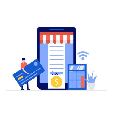 Karakterli mobil ödeme vektör çizimi kavramı. İniş sayfası için modern düz stil, mobil uygulama, poster, el ilanı, şablon, web afişi, bilgi grafikleri, kahraman resimleri.