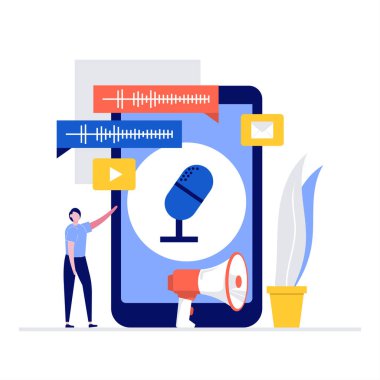 Karakterli sesli mesajlar vektör illüstrasyon kavramı. İniş sayfası için modern düz stil, mobil uygulama, poster, el ilanı, şablon, web afişi, bilgi grafikleri, kahraman resimleri.