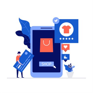 Çevrimiçi alışveriş ve seyyar ticaret vektör illüstrasyon kavramı karakterlerle. İniş sayfası için modern düz stil, mobil uygulama, poster, el ilanı, şablon, web afişi, bilgi grafikleri, kahraman resimleri.
