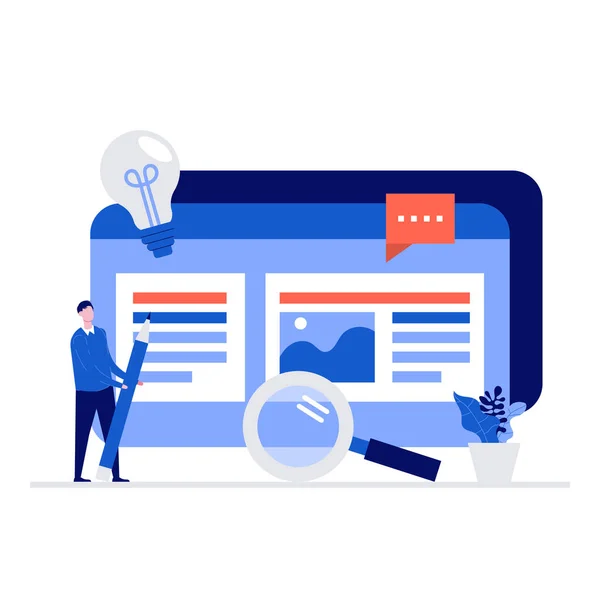 SEO ve içerik pazarlama vektör çizimi kavramı karakterlerle. İniş sayfası için modern düz stil, mobil uygulama, poster, el ilanı, şablon, web afişi, bilgi grafikleri, kahraman resimleri.