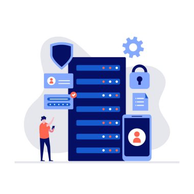 Karakterli siber güvenlik ve veri depolama vektör çizimi kavramı. İniş sayfası için modern düz stil, mobil uygulama, poster, el ilanı, şablon, web afişi, bilgi grafikleri, kahraman resimleri.