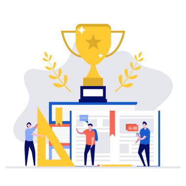 Ödül ve karakterlerle eğitim ve başarı vektör çizimi konsepti. İniş sayfası için modern düz stil, mobil uygulama, poster, el ilanı, şablon, web afişi, bilgi grafikleri, kahraman resimleri.