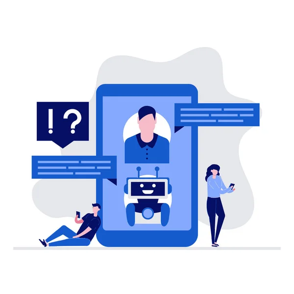 Підтримка Chatbot Faq Векторна Ілюстрація Персонажами Клієнти Спілкуються Ботом Смартфоні — стоковий вектор