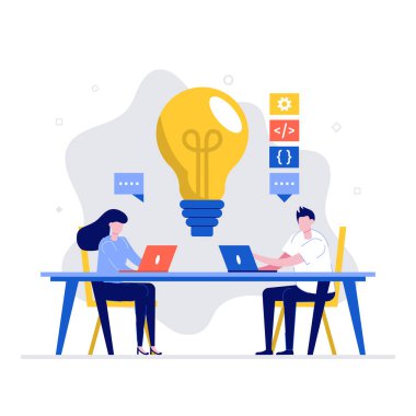 Devops, iş vektörü illüstrasyon konseptinde karakterlerle geliştirme işlemleri. İniş sayfası için modern düz stil, mobil uygulama, poster, el ilanı, web afişi, bilgi grafikleri, kahraman resimleri.