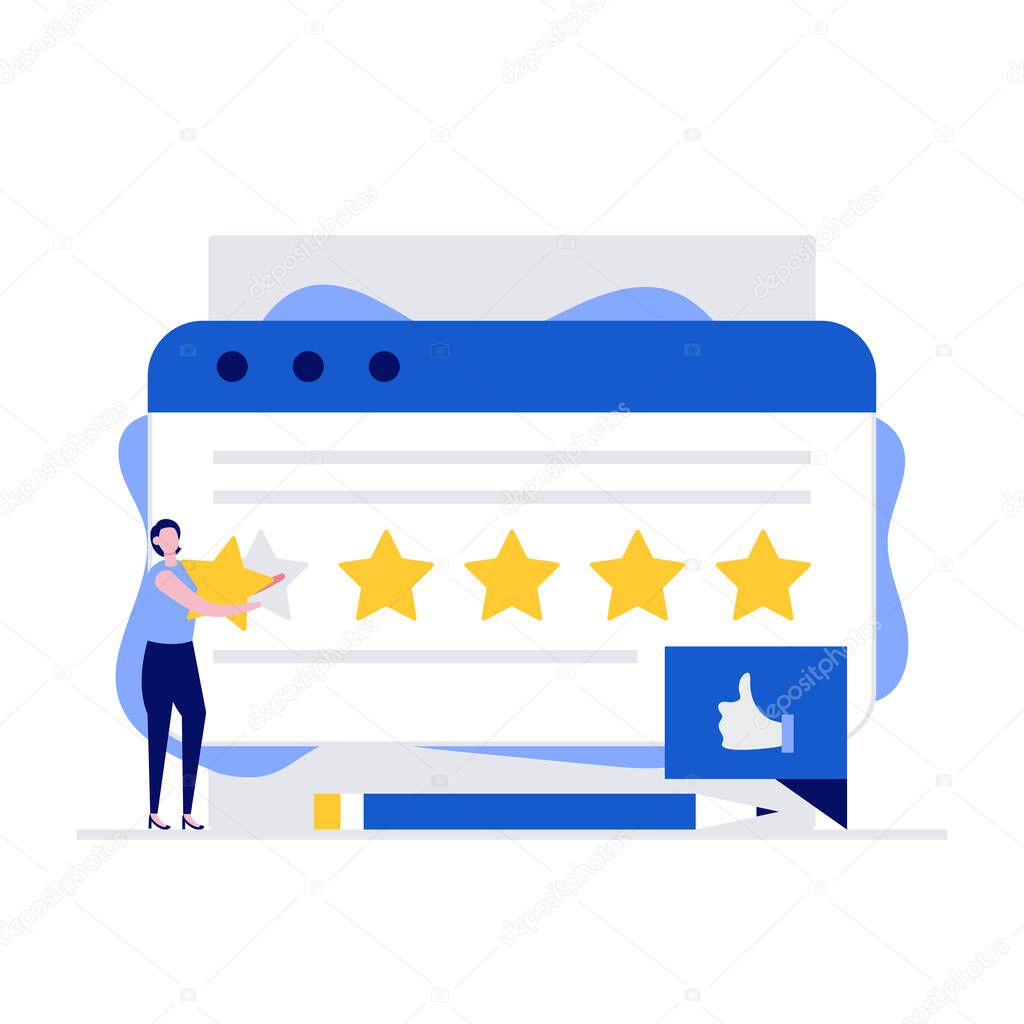 Customer service and user experience vector illustration concept with characters. Client giving five star feedback and leaving positive review. Modern flat style for web banner, hero images.