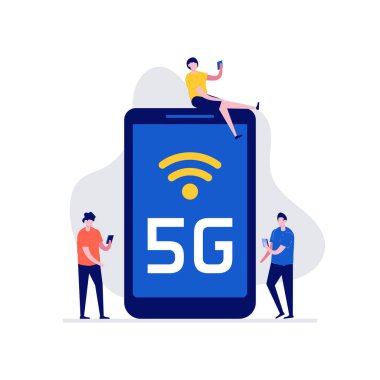 Karakterli 5G teknoloji konsepti. İniş sayfası, mobil uygulama, poster, el ilanı, şablon, web pankartı, bilgi grafikleri, kahraman resimleri için modern vektör çizimi.