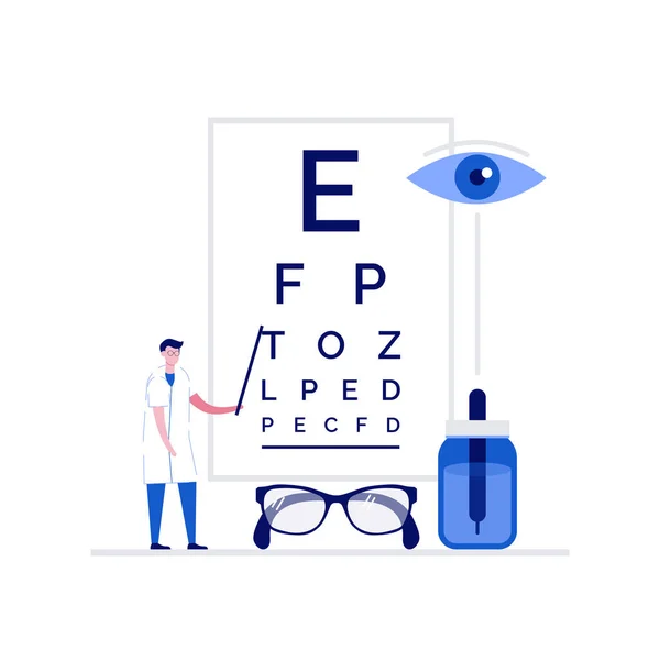 眼科医療ベクトルイラストのコンセプト 目の検査表の近くに立っている医師 ランディングページ モバイルアプリ ポスター ウェブバナー インフォグラフィック ヒーロー画像のための現代的なフラットスタイル — ストックベクタ
