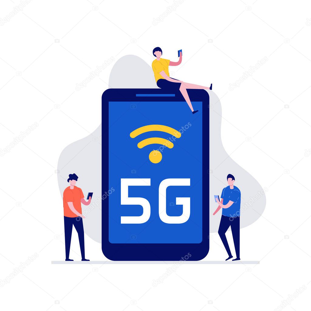 5G technology concept with characters. Modern vector illustration in flat style for landing page, mobile app, poster, flyer, template, web banner, infographics, hero images.